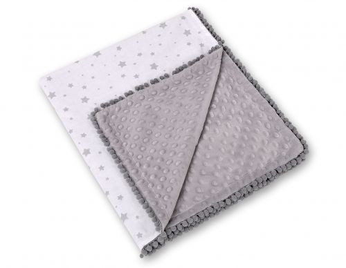 Double-sided blanket minky with pompoms - mini gray stars