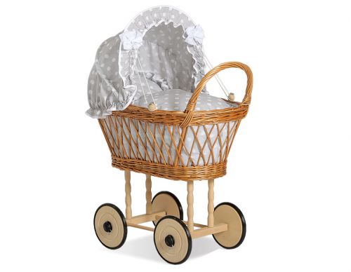 Wicker dolls' pram with grey bedding and padding - natural