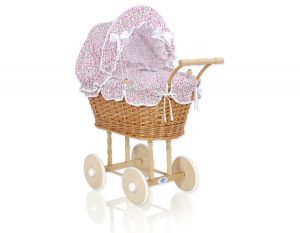 Wicker dolls' pram with pink bedding and padding - natural