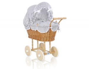 Wicker dolls' pram with grey bedding and padding - natural