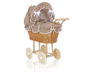 Wicker dolls' pram with brown bedding and padding - natural