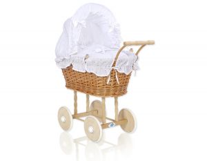Wicker dolls' pram with white bedding and padding - natural
