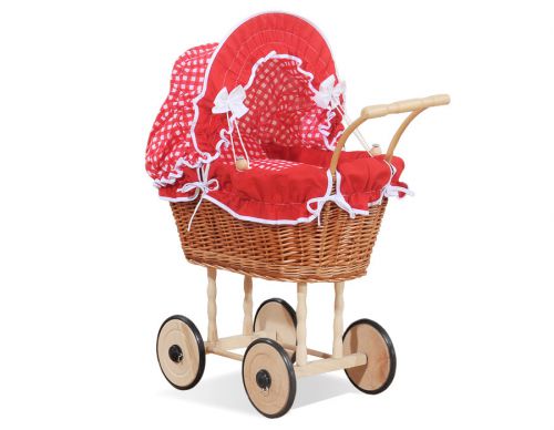 Wicker dolls' pram with red bedding and padding - natural