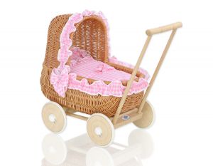 Wicker doll pushchair with bedding pink - natural