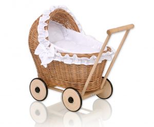 Wicker doll pushchair with white bedding and soft padding - natural