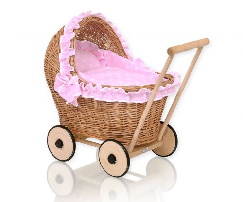 Korbkinderwagen für Puppen mit rosa Bettwäsche und weicher Polsterung - natur