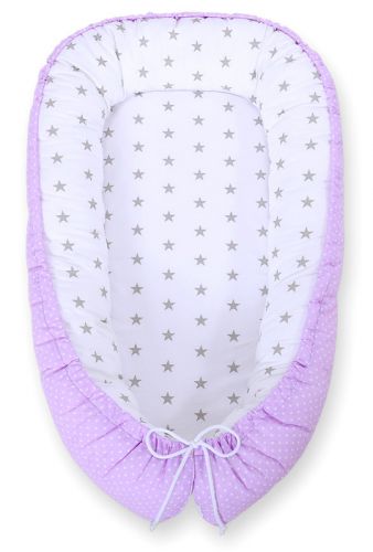 Kokon niemowlęcy dwustronny kojec otulacz Premium BOBONO- kropki na fiolecie/ gwiazdki szare