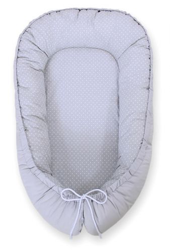 Baby nest double-sided Premium Cocoon for infants BOBONO- white polka dots on grey/grey