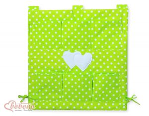 Cot tidy- Hanging Hearts white dots on green