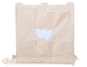 Cot tidy- Hanging Hearts white dots on beige