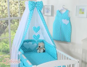 Canopy made of fabric- Hanging Hearts white dots on turquoise