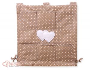 Cot tidy- Hanging Hearts white dots on brown