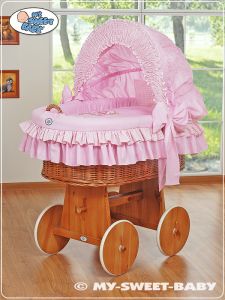 Moses Basket/Wicker crib with hood- Teddy Bear with Bow pink
