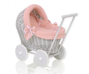 Wicker doll pushchair grey with old pink bedding and soft padding