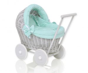 Wicker doll pushchair grey with mint bedding and soft padding