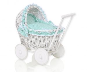 Wicker doll pushchair white with mint bedding and soft padding
