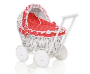 Wicker doll pushchair white with red bedding and soft padding