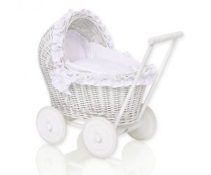Wicker doll pushchair with bedding and soft padding -white