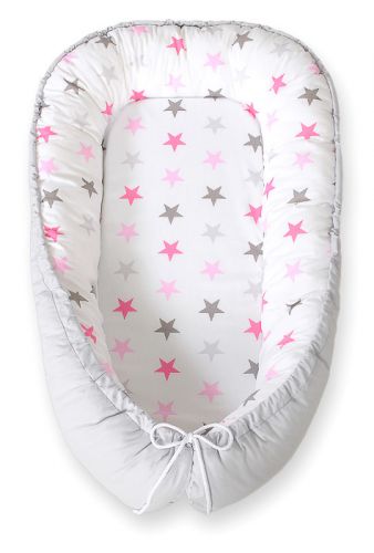 Baby nest double-sided Premium Cocoon for infants BOBONO- stars pink-grey/grey