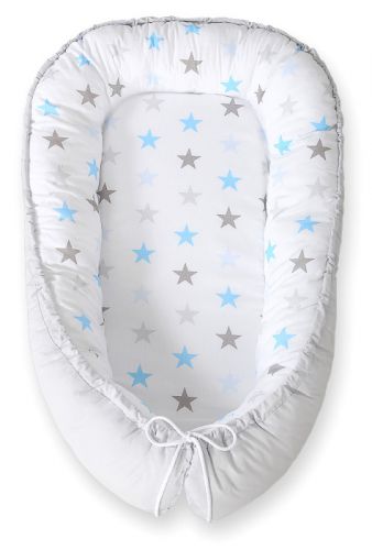 Baby nest double-sided Premium Cocoon for infants BOBONO- stars blue-grey/grey