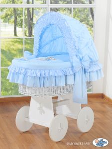 Moses Basket/Wicker crib with hood- Bear with bow blue