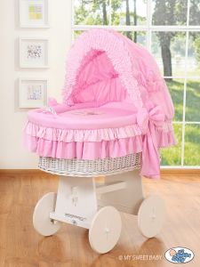 Moses Basket/Wicker crib with hood- Bear with bow pink