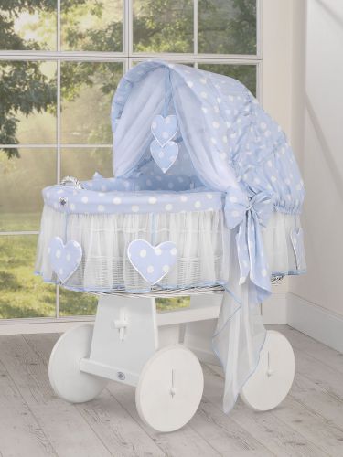 Moses Basket/Wicker crib with hood- Amelie  white dots on blue