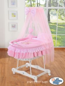 Moses Basket/Wicker drape crib- Bear with bow pink