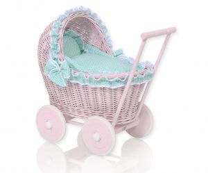 Wiklinowy wózek dla lalek pchacz różowy z miętową pościelką i miękką wyściółką