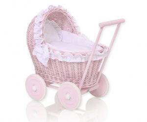 Wiklinowy wózek dla lalek pchacz różowy z białą pościelką i miękką wyściółką