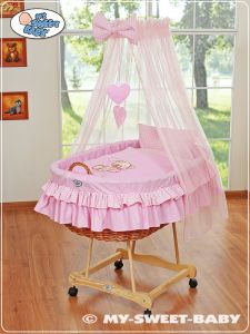 Moses Basket/Wicker drape crib- Bear with bow pink
