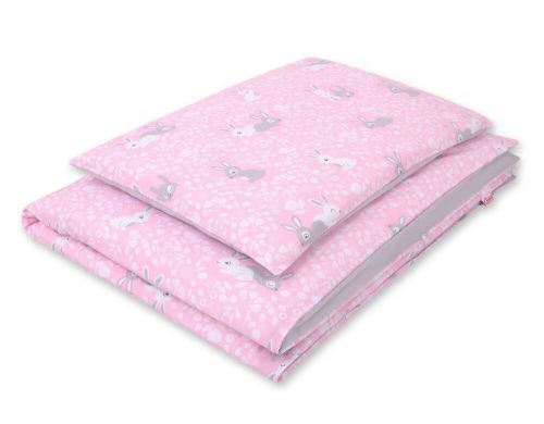 Babybettwäsche aus Baumwolle Set 2-tlg - rosa Hasen/grau