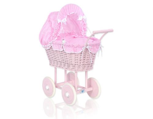 Puppenwagen aus Korbgeflecht mit rosa Bettzeug und Polsterung - rosa