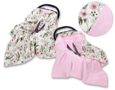 Big double-sided car seat blanket for babies - peony flower pink