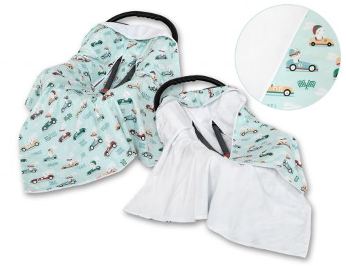 Big double-sided car seat blanket for babies - mint rabbits/white