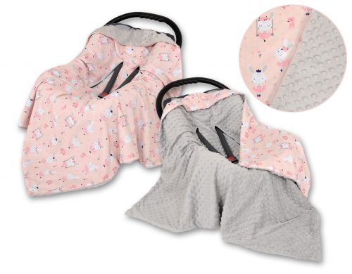 Duży otulacz dla niemowląt do fotelika nosidełka wózka dwustronny - króliczki baletnice różowe/szary