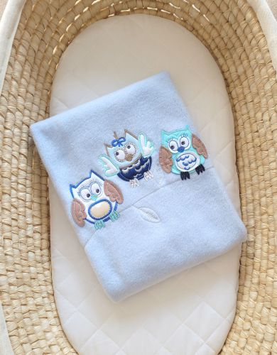 Polar fleece blanket for babies - Owls Bigi Zibi & Adele- bright blue