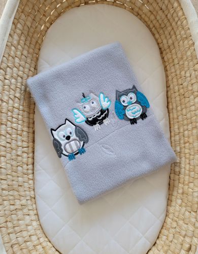 Polar fleece blanket for babies - Owls Bigi Zibi & Adele- grey-turquoise