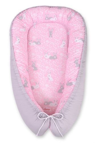 Baby nest double-sided Premium Cocoon for infants BOBONO- pink rabbits/gray