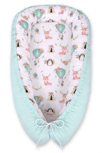 Baby nest double-sided Premium Cocoon for infants BOBONO- foxes beige/mint