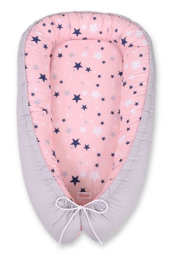 Baby nest double-sided Premium Cocoon for infants BOBONO- pink-navy blue stars