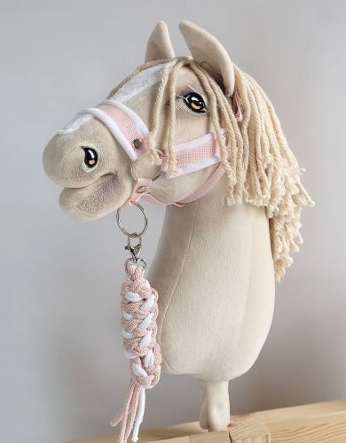 Set for Hobby Horse: the halter A3 with white furry + Tether made of cord - white-powder pink