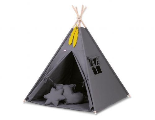 Teepee tent for kids + playmat + pillows + decorative feathers - anthracite