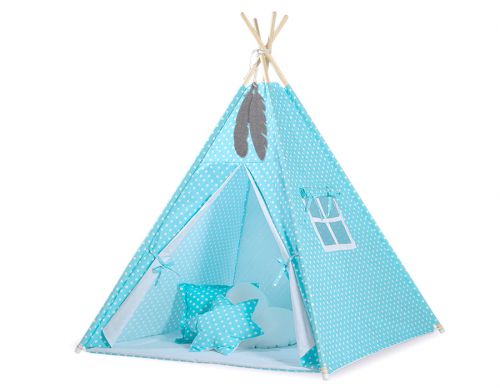 Teepee tent for kids + playmat + pillows + decorative feathers - White dots on turquoise