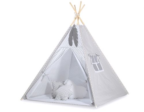 Teepee Kinderspiel-Zelt für Kinder + Schmuckfedern - Grau-Punktmuster