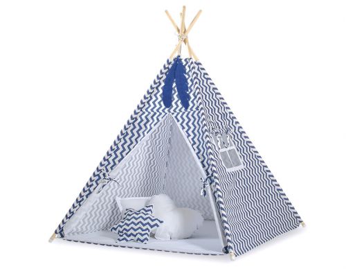 Teepee tent for kids + playmat + pillows + decorative feathers - Chevron navy blue