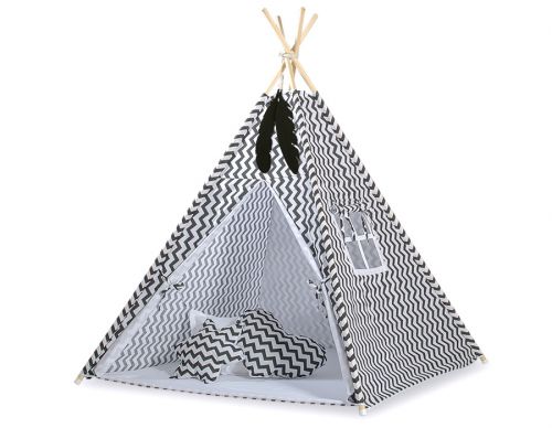 Teepee tent for kids + playmat + pillows + decorative feathers - Chevron black