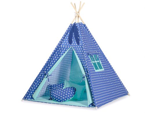 Teepee tent for kids + playmat + pillows + decorative feathers - Navy blue stars