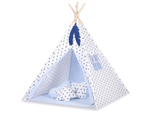 Teepee Kinderspiel-Zelt für Kinder + Spielmatte + Kissen + Schmuckfedern - Schwarze Sternchen/blau