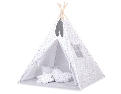 Teepee tent for kids + decorative feathers - Grey arrows